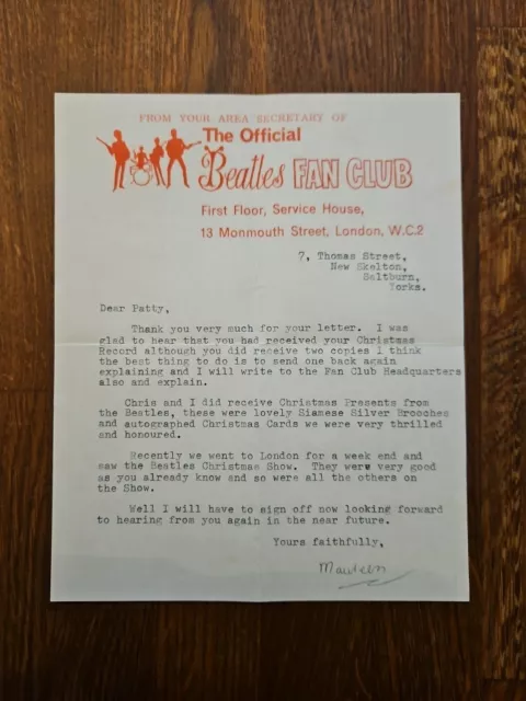 The Beatles Area Fan Club Typed Letter 1964 Yorkshire, Signed Maureen