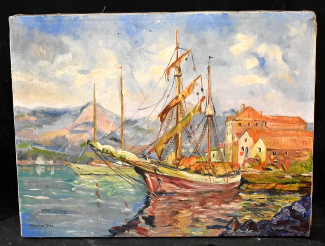 Tableau ancien huile bord de mer bateau école Française signé XXème