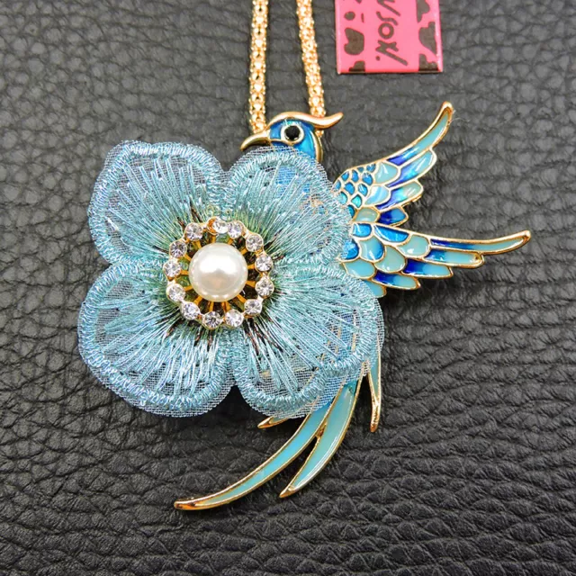 Betsey Johnson Crystal Rhinestone Flower Bird Pendant Sweater Necklace