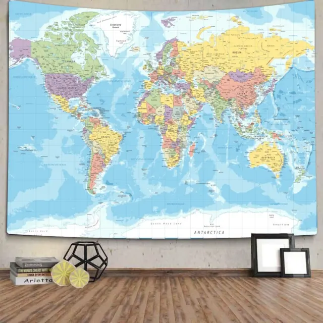 World Map Tapestry Wall Hanging for Kids Student, World Map with Countries and M