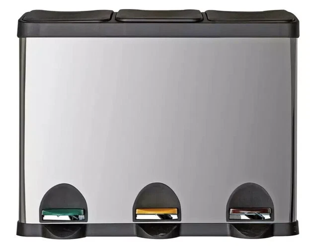 Habitat 45 Litre Triple Compartment Recycling Bin Kitchen Rubbish Dustbin -Steel