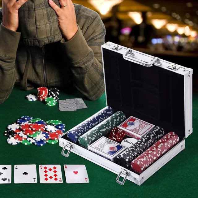 Valigetta Set poker 200 fiches chips 2 mazzi carte gettone deal kit texas holdem