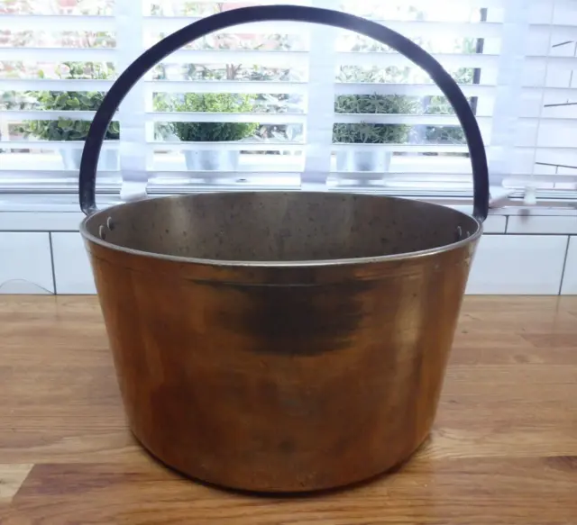 Antique Heavy 19th Century Brass Jam Preserve Cooking Pot With Iron Handle