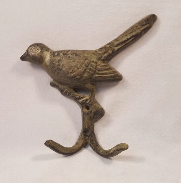 Cast Iron Wall Hook Bird Perch Double Key Towel Coat Hat Hanger Brown 6"