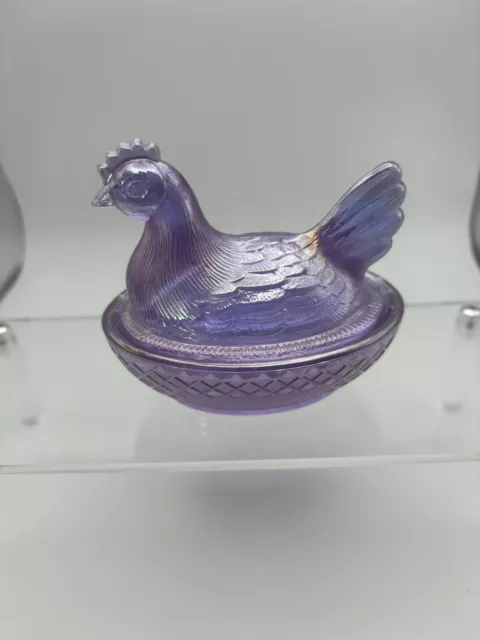 Vintage BOYD Hen On Nest 3.25" Inch Amythyst Irredecent Carnival Glass