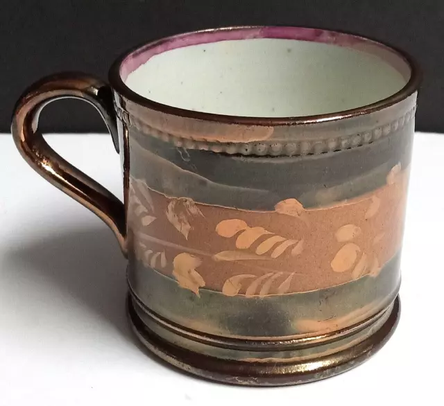 English Staffordshire Antique Copper Luster Small Banded Floral Leaf Mug c1850s