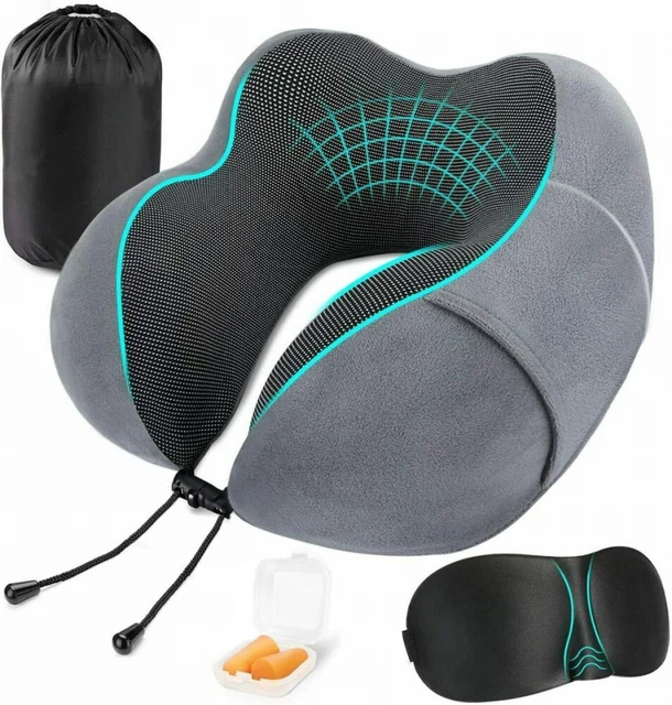 Pillow Memory Foam Travel Neck Support Cushion with Carry Bag Ear Plugs & Ma