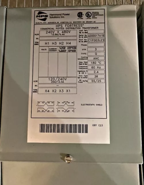 HAMMOND POWER SOLUTIONS  C1F003LES Wall Mount Transformer, 240V, 480V, 120