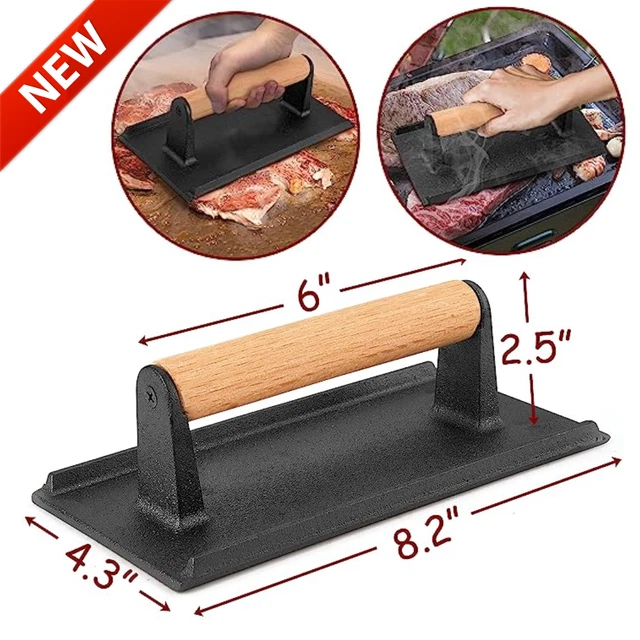 Cast Iron Grill Press Burger Bacon Steak 8" x 4" For Flat Top Griddle Heavy Duty