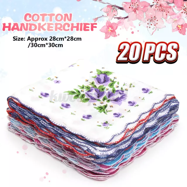 20Pcs Vintage Style Floral Flowers Handkerchief Lady Women Kids Cotton Hanky