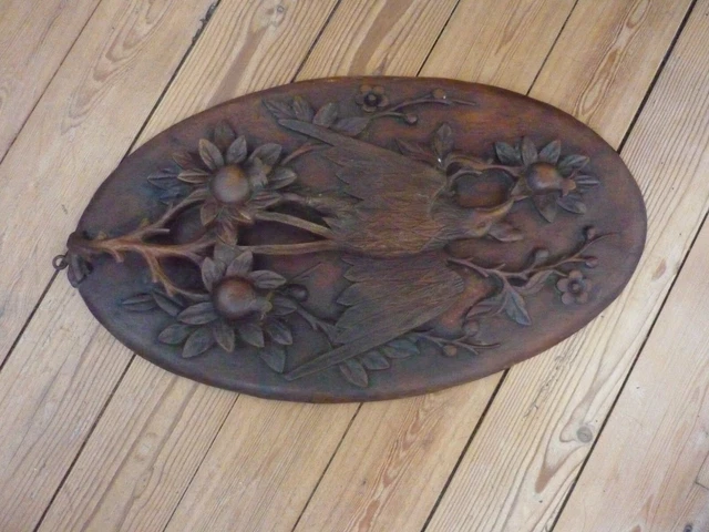French Antique Deeply Carved Solid mahogany  Wood Panel birds and flowers Theme