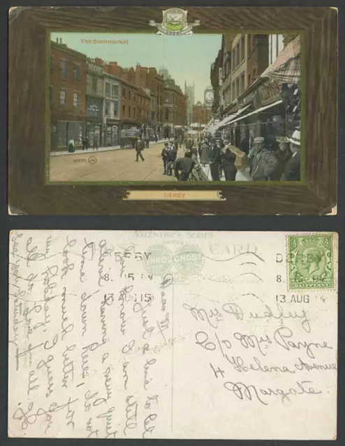 Derby 1915 Old Postcard The Cornmarket Street Scene Corn Market Men Coat of Arms