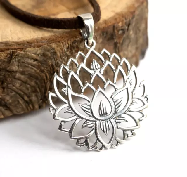 Lotus Flower Pendant Necklace 925 STERLING SILVER Buddhist Boho Yoga Jewelry