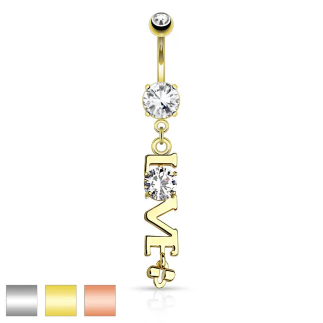 14K Gold Plated or Rose Gold 'Love' with Clear CZ Belly Navel Ring 14g 3/8"