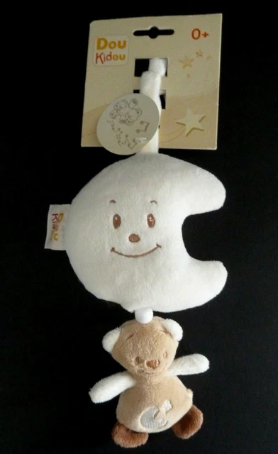 D6- DOUDOU PELUCHE MUSICAL DOU KIDOU LUNE OURS beige blanc marron 21cm - NEUF