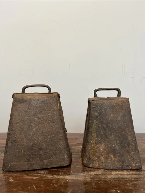 Pair Of Primitive Antique Early American Cow Bells Hand Forged Wrought Iron