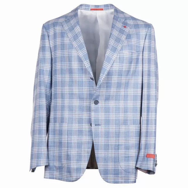 Isaia Sky Blue Check Wool-Silk-Linen Sport Coat Slim 46R (fits 44R) Eu 56 NWT