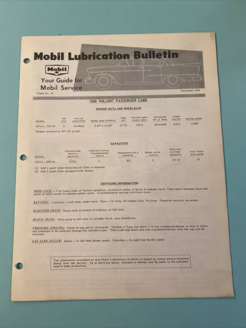 1960 Mobil Oil  Lubrication Bulletin Valiant  Passenger Cars Spec Sheet