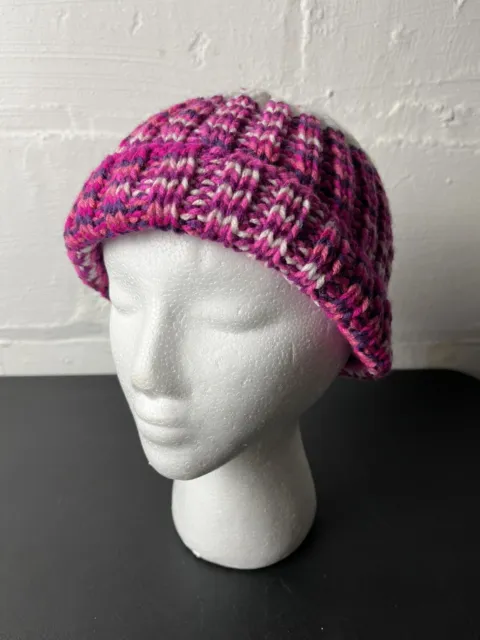 Hand Knit Winter Hat, Beanie by Granny Heavy Duty Yarn Purple & Pink Made in USA