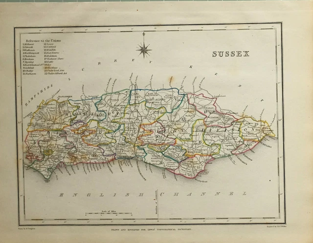 1845 Antique County Map Sussex Midhurst Horsham Newhaven Arundel Worthing