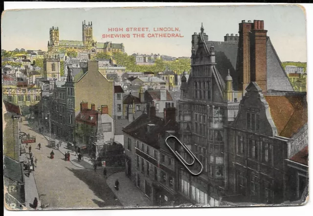 Lincoln Cathedral postcard, showing the High Street, old