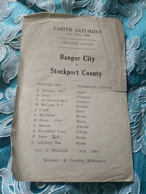 Rare Bangor City vs Stockport County 67/68 Cheshire League (Single Sheet)