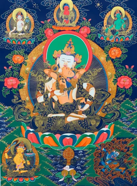 HAND-PAINTED VAJRASATTVA WITH SHAKTI TIBETAN THANGKA PAINTING 20 x 30 -INCH 3