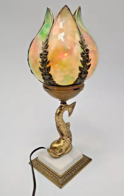 Pairpoint Dolphin Marble Base Multi-colored Slag Lamp Signed Numbered Rare