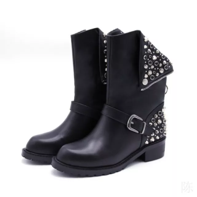 Women's Biker Ankle Boots Low Heel Zip Studded Buckle Strap Boots Shoes