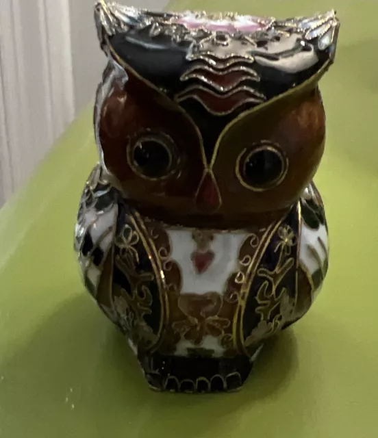 Vintage 3" Cloisonne Hollow Enamel Owl Figurine Brass Base