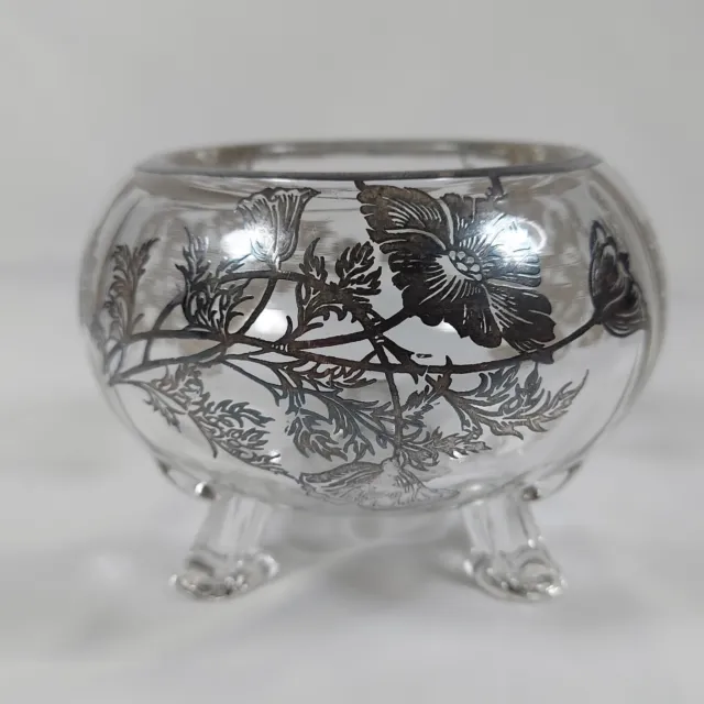 Silver City Flanders Poppy sterling overlay 3 footed clear glass bowl Vintage