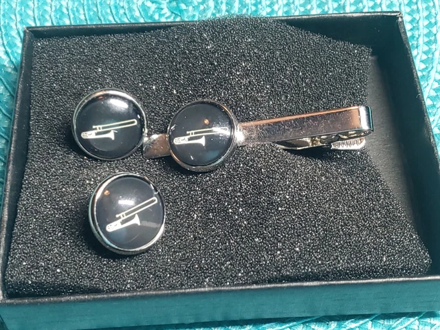 Trombone Motive Set Of Cuff Links & Tie Clasp Musician Jewelry Euc