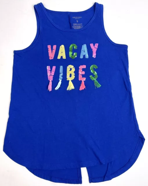 ARIZONA Girls Youth XL (16) Royal Blue Knit “Vacay Vibes” TANK TOP Sequin Tassel