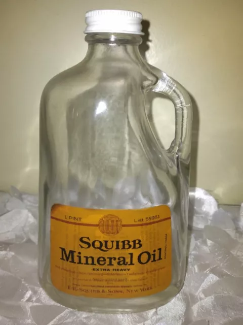 Vintage 1960s Squibb Mineral Oil 1 pt Glass Bottle Jug w Handle almost empty