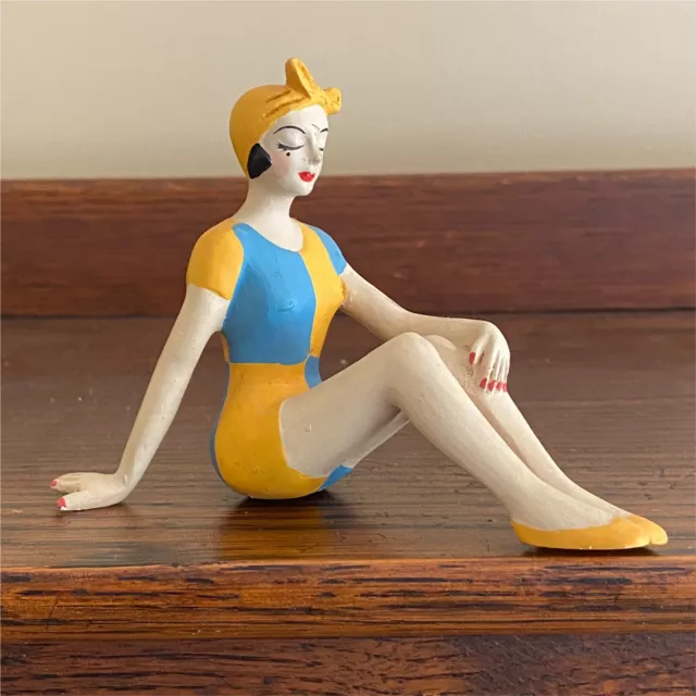 Retro Bathing Beauty Shelf Sitter Figurine Block Print Suit Hair Cap 4.5x3 Inch