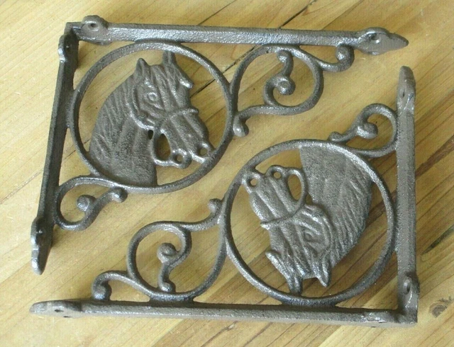 2 Cast Iron WESTERN Style HORSE HEAD Brackets Garden Braces PONY Shelf Bracket