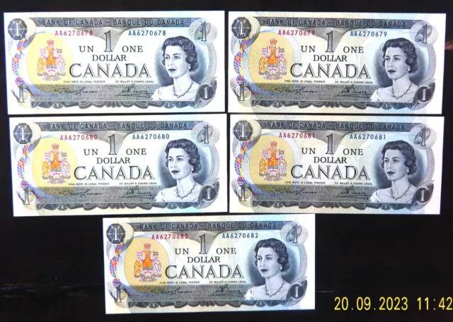 1973 X 5 Canada One Dollar Bills In Sequence Aa6270678-0682 Have A L@@@K