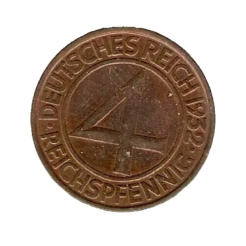 1932 D GERMANY WEIMAR COIN 4 Reichpfennig