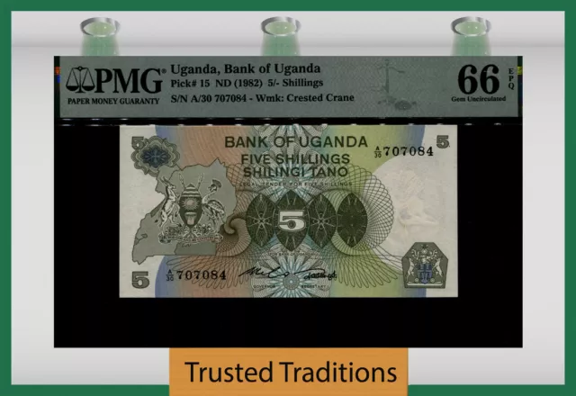 Tt Pk 15 Nd (1982) Uganda Bank Of Uganda 5/- Shillings Pmg 66 Epq Gem Unc