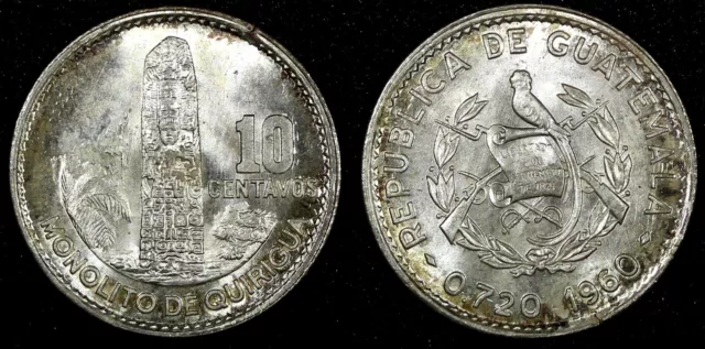 GUATEMALA Silver 1960 10 Centavos 1st Year Type ch.UNC Toned KM# 262 (24 589)