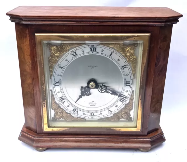 ELLIOTT LONDON Walnut & Burr Walnut Bracket Mantel Clock RUSSELLS LTD