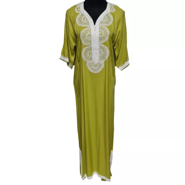 Women's Moroccan Green Cotton Short Sleeve Tunic Kaftan Beach Cover Up
