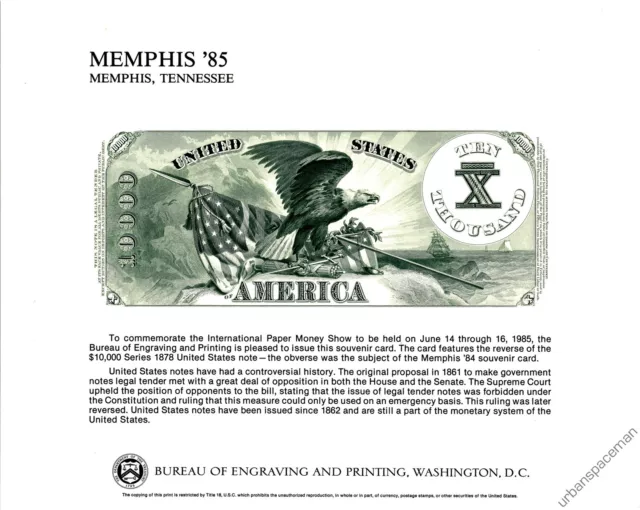 B81 IPMS 1985 BEP Souvenir Card $10,000 Legal Tender Note 1878 (back) Mint