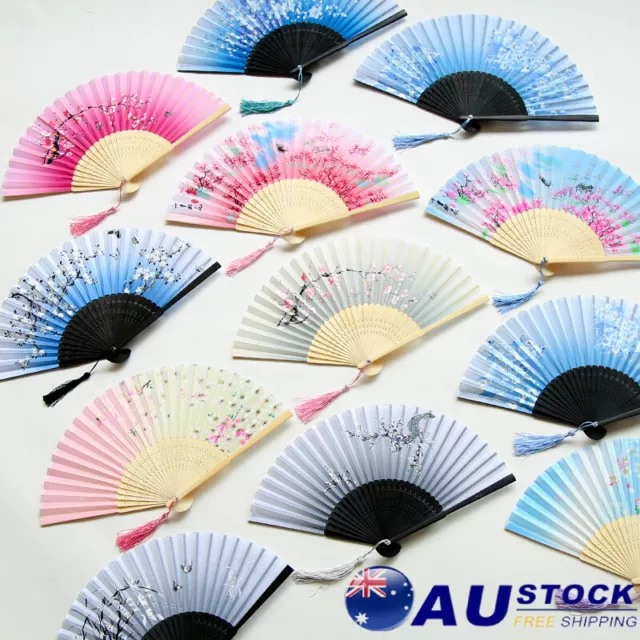 Chinese Style Folding Fan Bamboo Cloth Foldable Hand Held Dance Party Favor Gift