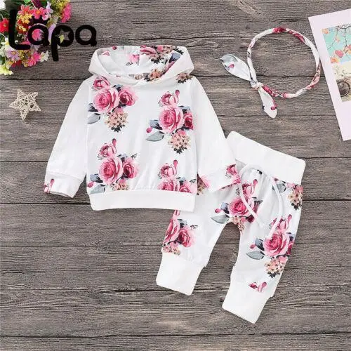 Newborn Baby Girl Clothes Floral Hooded Top Pants Outfits Set Tracksuit Headband