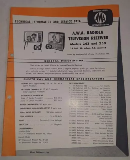 Vintage AWA Radiola Television Model 243,250- Technical Info & Service Data 1961