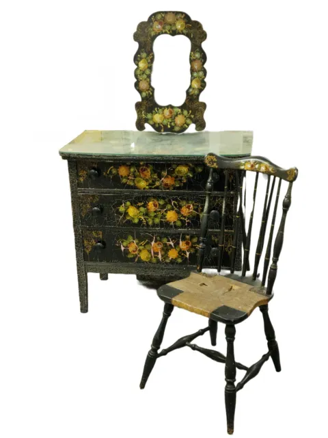 Whimsical Painted & Decorated Bedroom Set in Black  Polychrome & Mother of Pearl