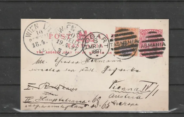 Tasmania UPRATED POSTAL CARD to Vienna Austria 1897