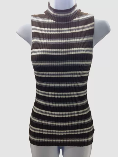 $195 Theory Women's Brown Sleeveless Solid Mixed Stripe Sweater Top Size S