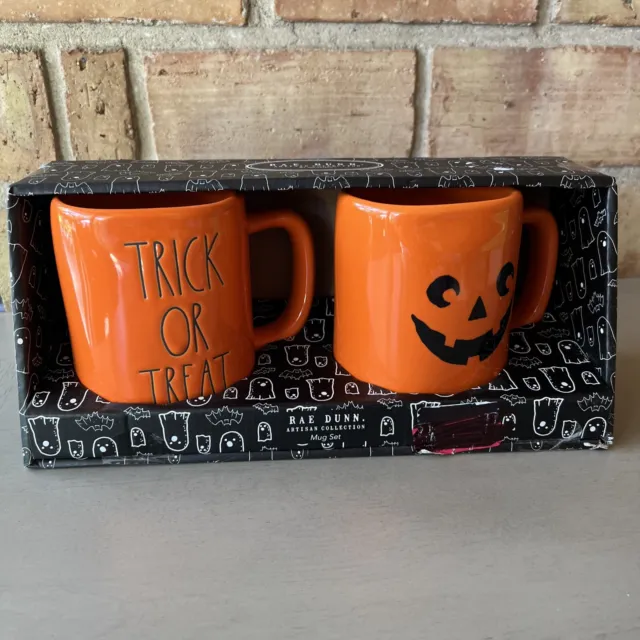 New Rae Dunn TRICK OR TREAT Pumpkin Face Orange Coffee Mug Set Of 2 Halloween
